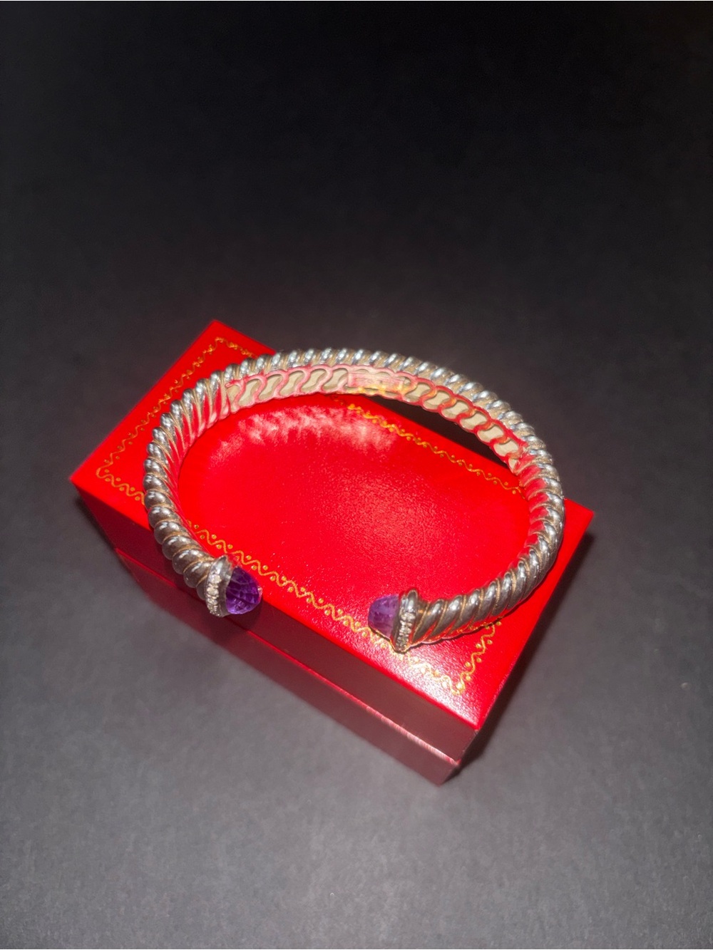 Sterling Silver Twisted Cuff Bracelet with Purple Gemstone and diamond Ends